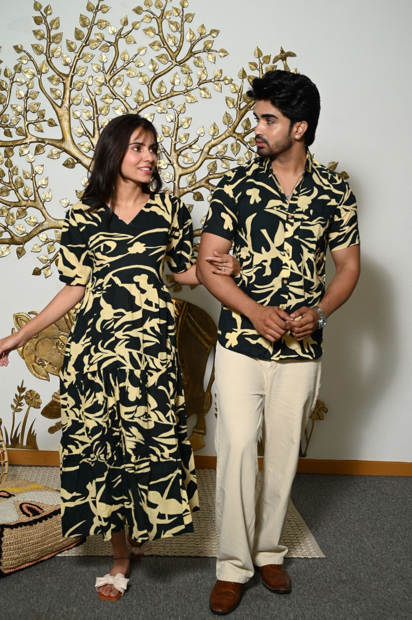 Couple Matching Black Printed Cotton Anarkali Midi Dress & Shirt Set ? Summer Casual Wear - Image 3